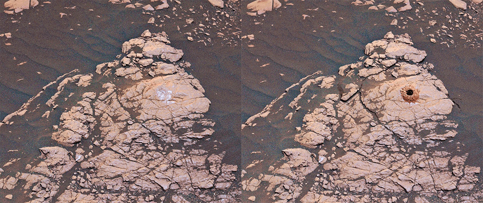 Afloramento de rocha na superfície de Marte antes e depois da extração de uma amostra, feita pela sonda do jipe Curiosity. O objetivo é identificar os tipos de argilo-minerais para verificar se foram formados na presença de água.
