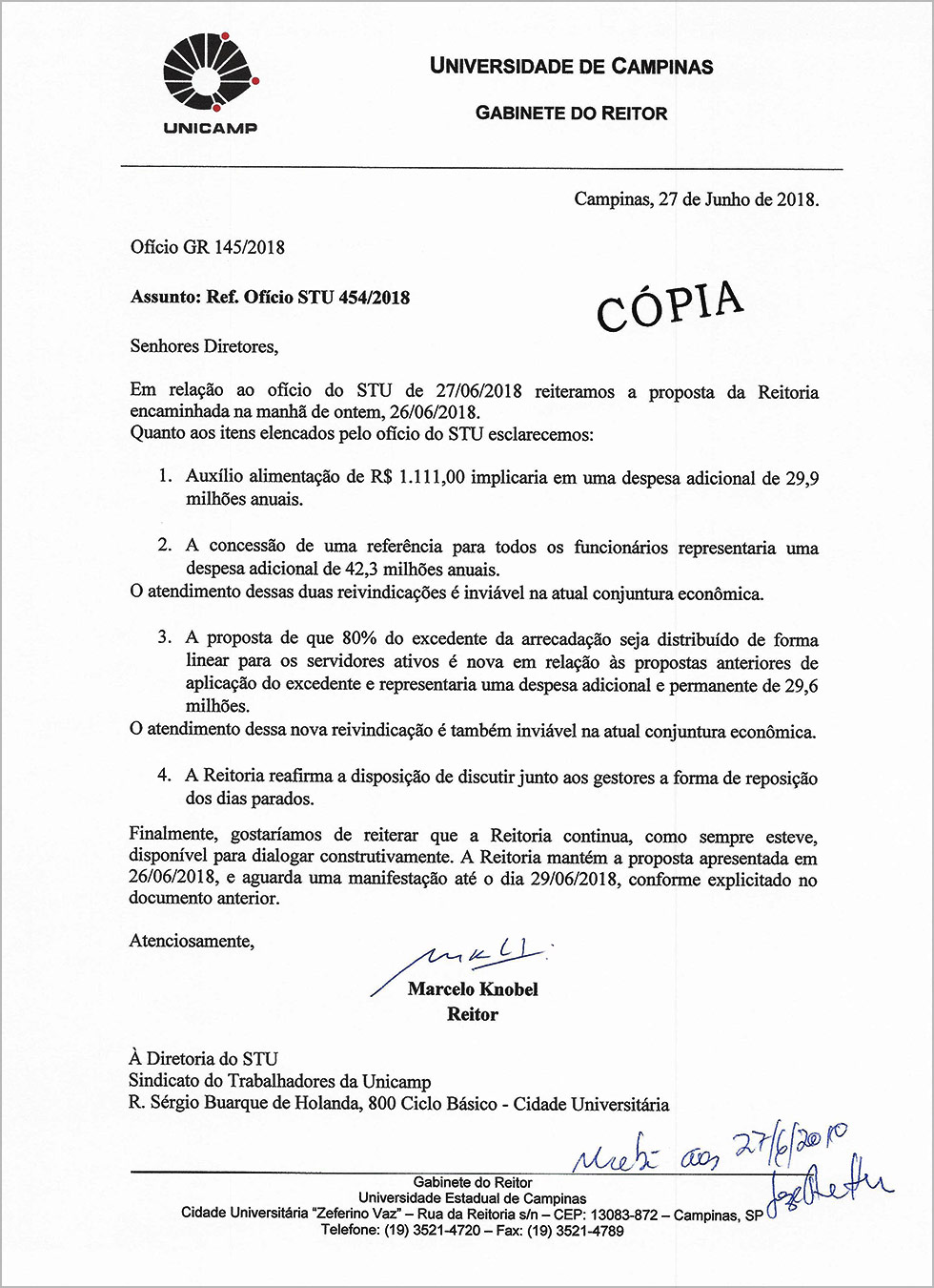Resposta da Reitoria para STU