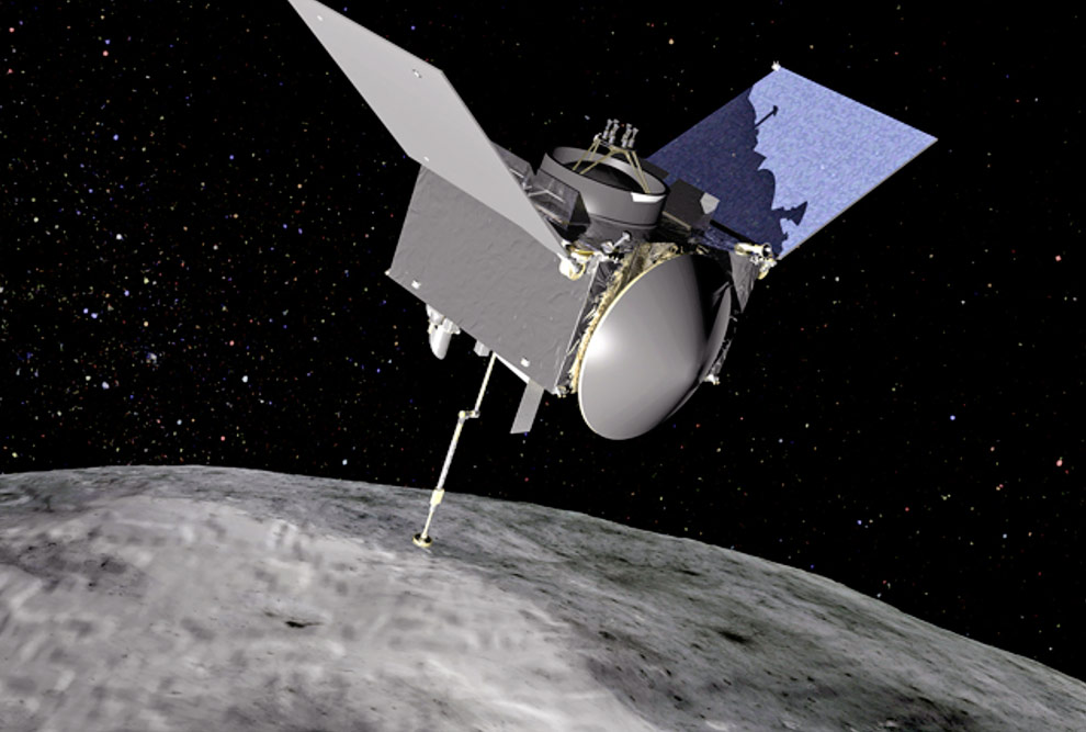 Representação artística da espaçonave OSIRIS-REx orbitando sobre Bennu (Crédito: NASA Goddard Space Flight Center)