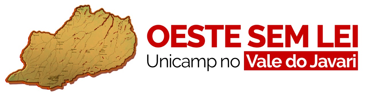 Audiodescrição: imagem colorida, ao fundo floresta Amazônia margeada por rio, em camada acima um recorte do mapa do Vale do Javari e os dizeres: OESTE SEM LEI. Unicamp no Vale do Javari