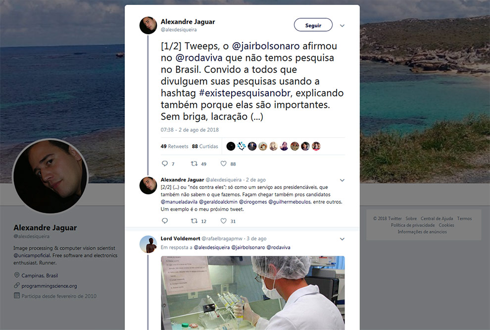Reprodução do tweet de Alexandre, endereçado à Bolsonaro. Está escrito "convido a todos os pesquisadores que divulguem suas pesquisas usando a hashtag existepesquisanobr