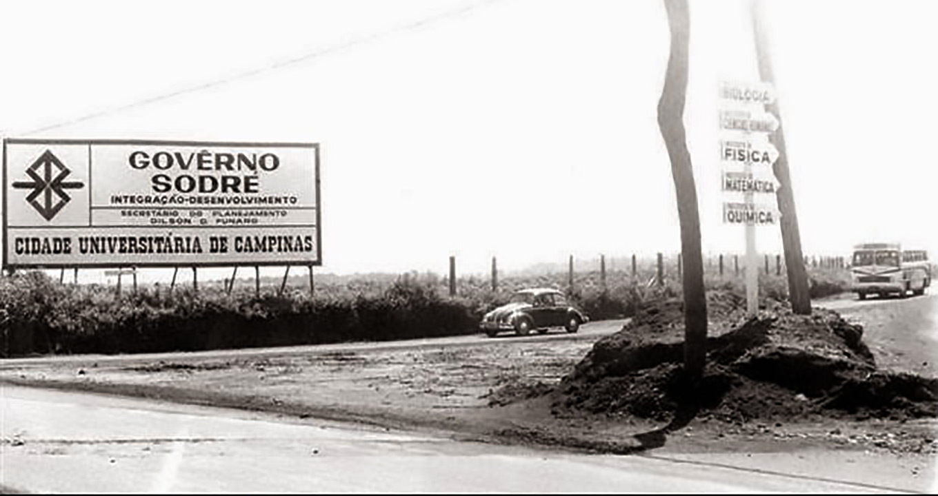 Ponto onde hoje é o entroncamento entre as avenidas Romeu Tórtima e Albino José Barbosa, em Barão Geraldo: em meados da década de 1960, o campus era um canteiro de obras