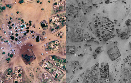 Imagens de satélite mostram “o antes e o depois” de ataque no vilarejo de Angabo, em Darfur, província sudanesa | Reprodução Imagens de satélite mostram “o antes e o depois” de ataque no vilarejo de Angabo, em Darfur, província sudanesa | Reprodução