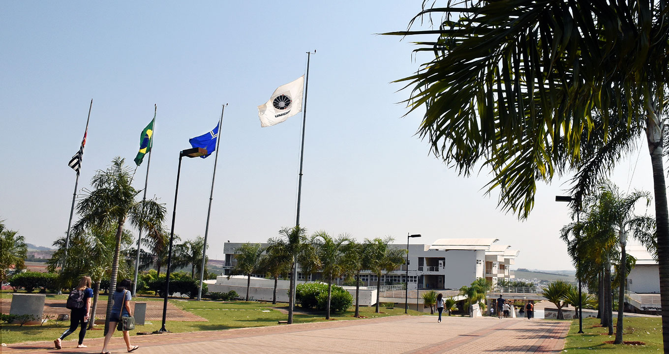 Vista parcial do campus da Faculdade de Ciências Aplicadas da Unicamp, em Limeira | Foto: Antoninho Perri Audiodescrição: Em área externa, imagem panorâmica de amplo calçamento feito de piso intertravado de concreto, com cerca de oito metros de largura e que se estende da frente da imagem para a direita, na diagonal. Alguns jovens caminham no local. À esquerda e à direita do calçamento há uma extensa área gramada e com plameiras plantadas às margens, formando uma fileira de cada lado. À esquerda no gramado, há quatro bandeiras hasteadas em altos mastros. Ao fundo alguns prédios com poucos andares. Imagem 1 de 1