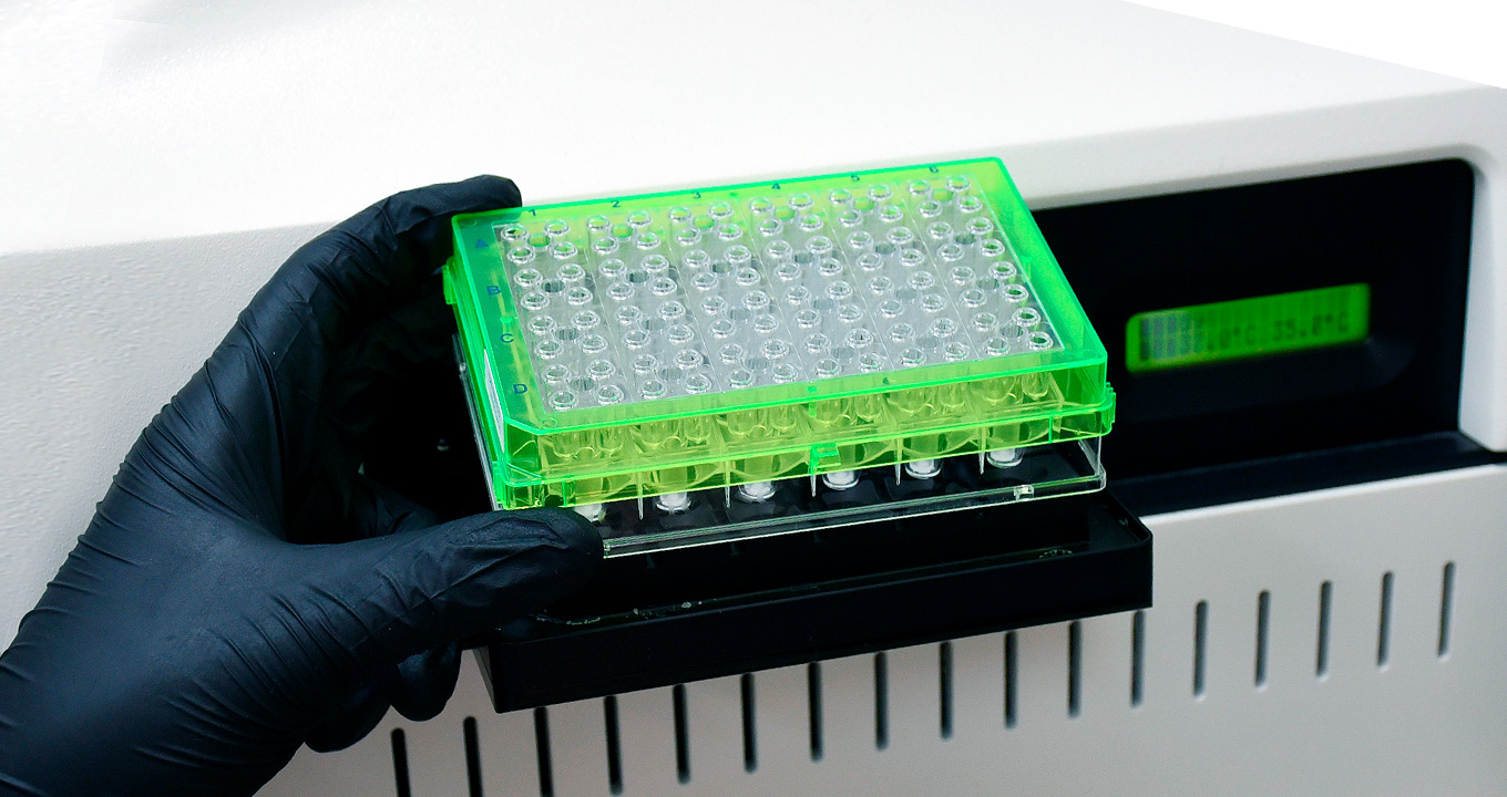 Laboratório de Imunometabolismo, no Instituto de Biologia da Unicamp | Foto: Antoninho Perri Audiodescrição: em área interna, imagem close-up e de cima para baixo, mão esquerda de uma pessoa à esquerda na imagem, com luva preta, segura um equipamento feito de acrílico em formato retangular, com cerca de dez centímetros por quinze centímetros. Na superfície da placa, há dezenas de furinhos redondos, alinhados. A borda é verde e o miolo é transparente. Ao fundo, há um equipamento com painel preto e visor digital verde. Imagem 1 de 1.