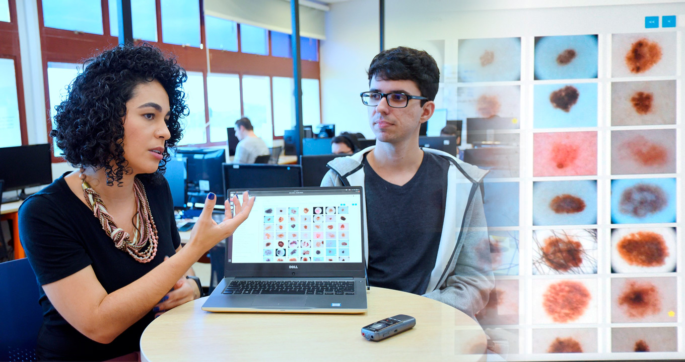 Sandra Avila e o orientando Alceu Bissoto, do Instituto de Computação. Audiodescrição: duas fotografias coloridas estão mescladas. uma mostra dois pesquisadores, uma mulher e um homem, sentados em volta a um notebook que mostra na tela a imagem de várias lesões de pele. a outra fotografia é das lesões de pele aproximadas.