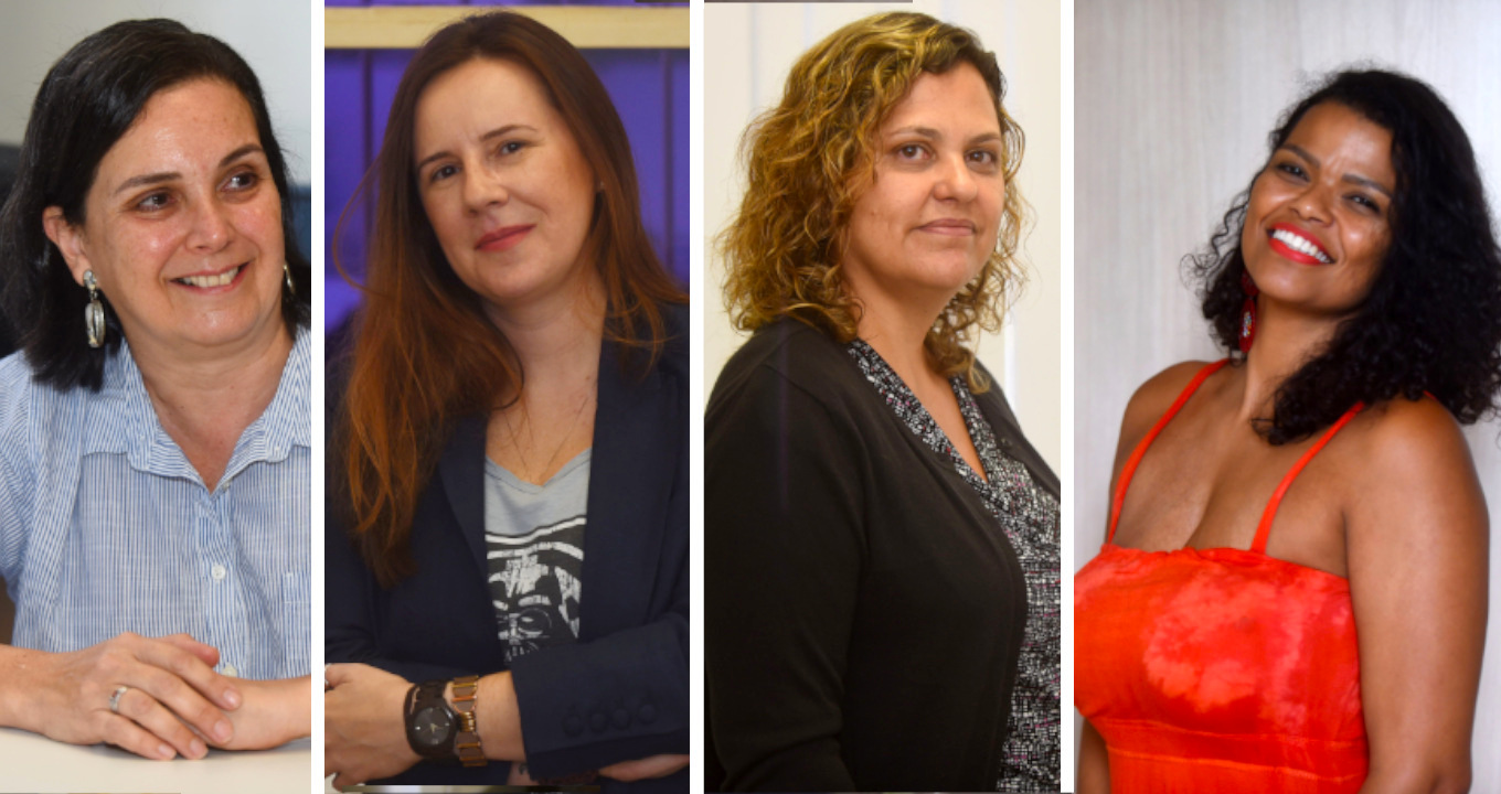 Professoras da Unicamp Katia Lucchesi, Esther Colombini, Leticia Rittner e Débora Souza Audiodescrição: montagem de fotografias coloridas mostra quatro professoras, lado a lado