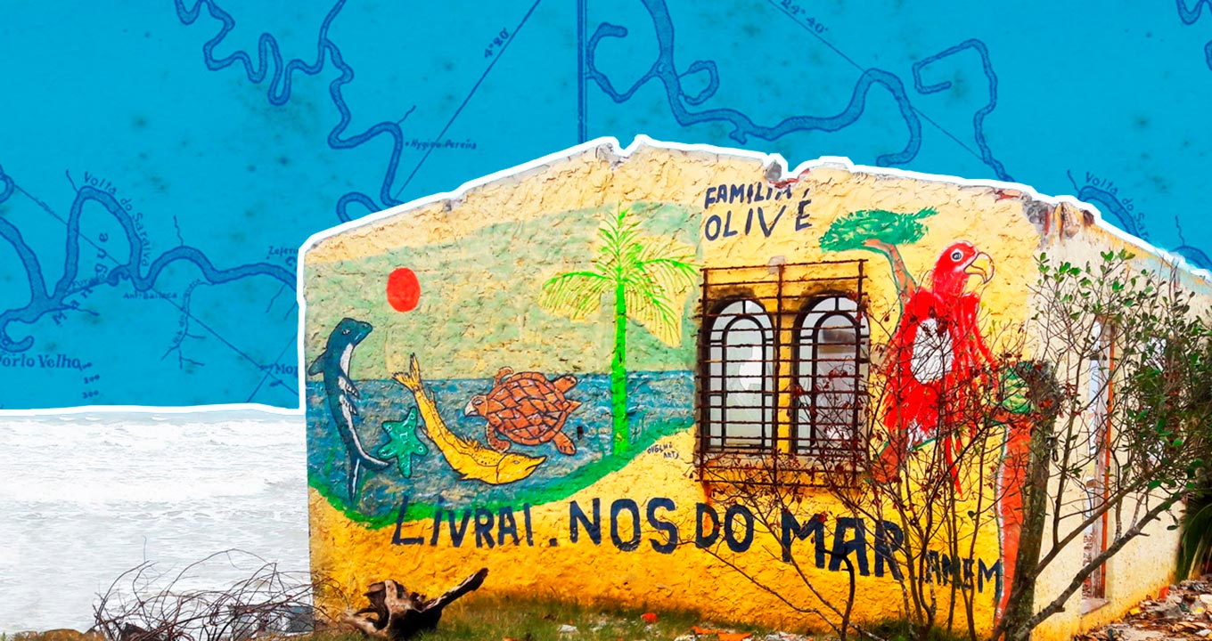 Pesquisa mapeia vulnerabilidade ambiental do Litoral Sul de São Paulo Audiodescrição: montagem com duas imagens, sendo, ao fundo, um mapa antigo, na cor azul, com caminhos percorridos por rios ou estradas. Sobreposta ao mapa, fachada e lateral de uma casa simples, com pinturas coloridas na parede da frente, como araras vermelhas, tartaruga e golfinho no mar. À direita da casa há alguns arbustos. Imagem 1 de 1.