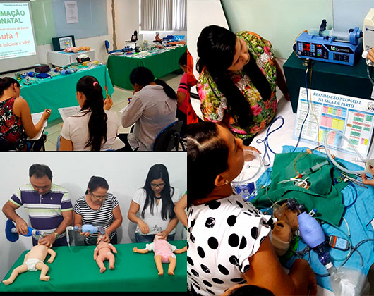 Várias fotos de profissionais de saúde em simulações de reanimação de bebês