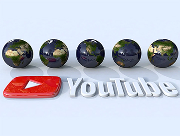 símbolo do Youtube e várias esferas representando o globo terrestre 