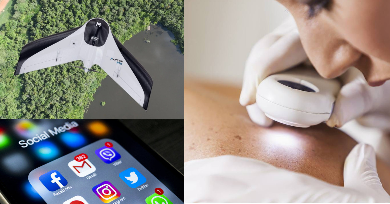 montagem de fotos mostra um drone de asas fixas, um celular com aplicativos de mídias sociais e uma médica observando a pele de uma pessoa 