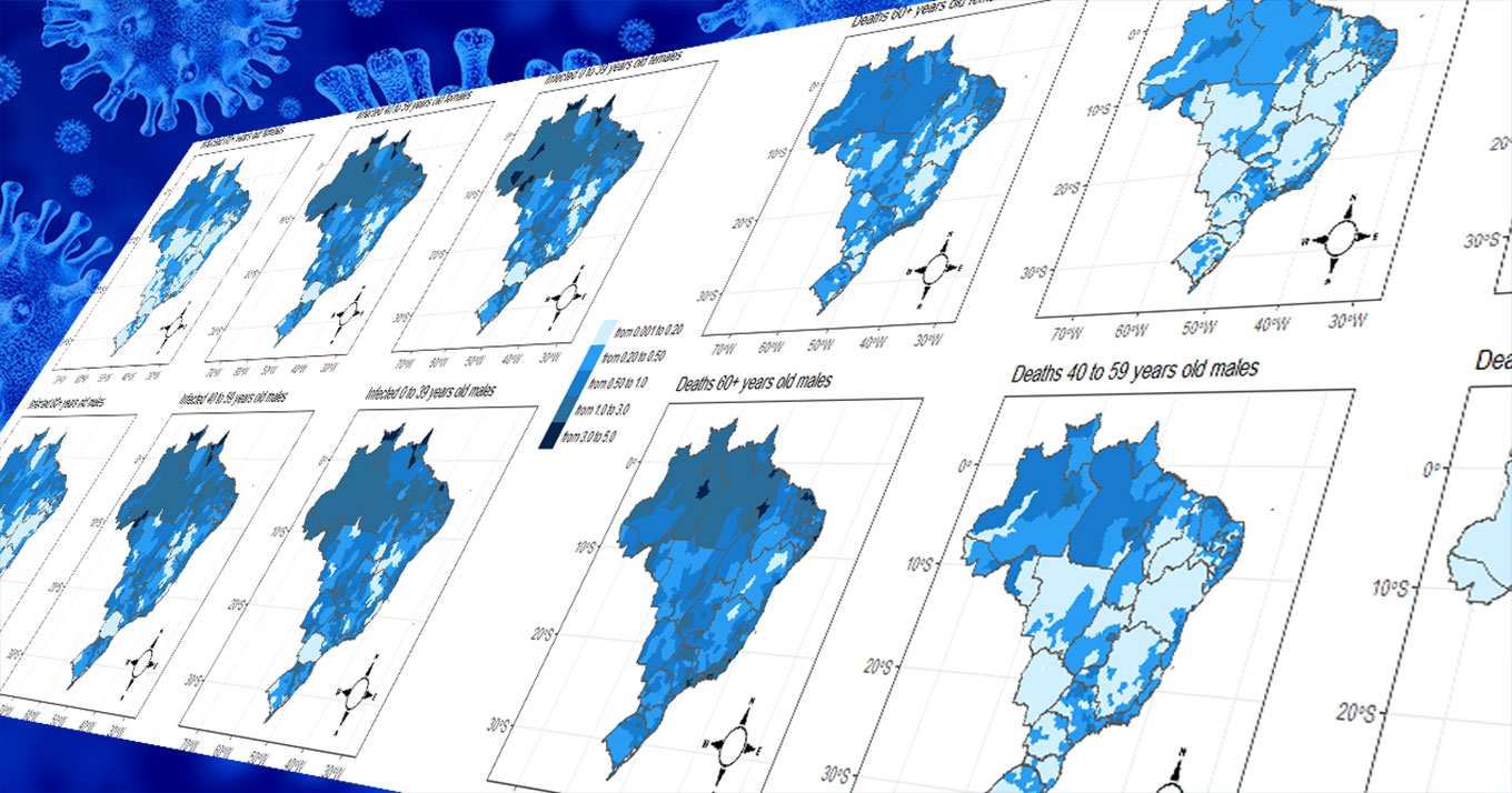 audiodescrição: ilustração colorida, em tons de azul, com mapas do brasil que mostram pontos de infecção e mortalidade por covid