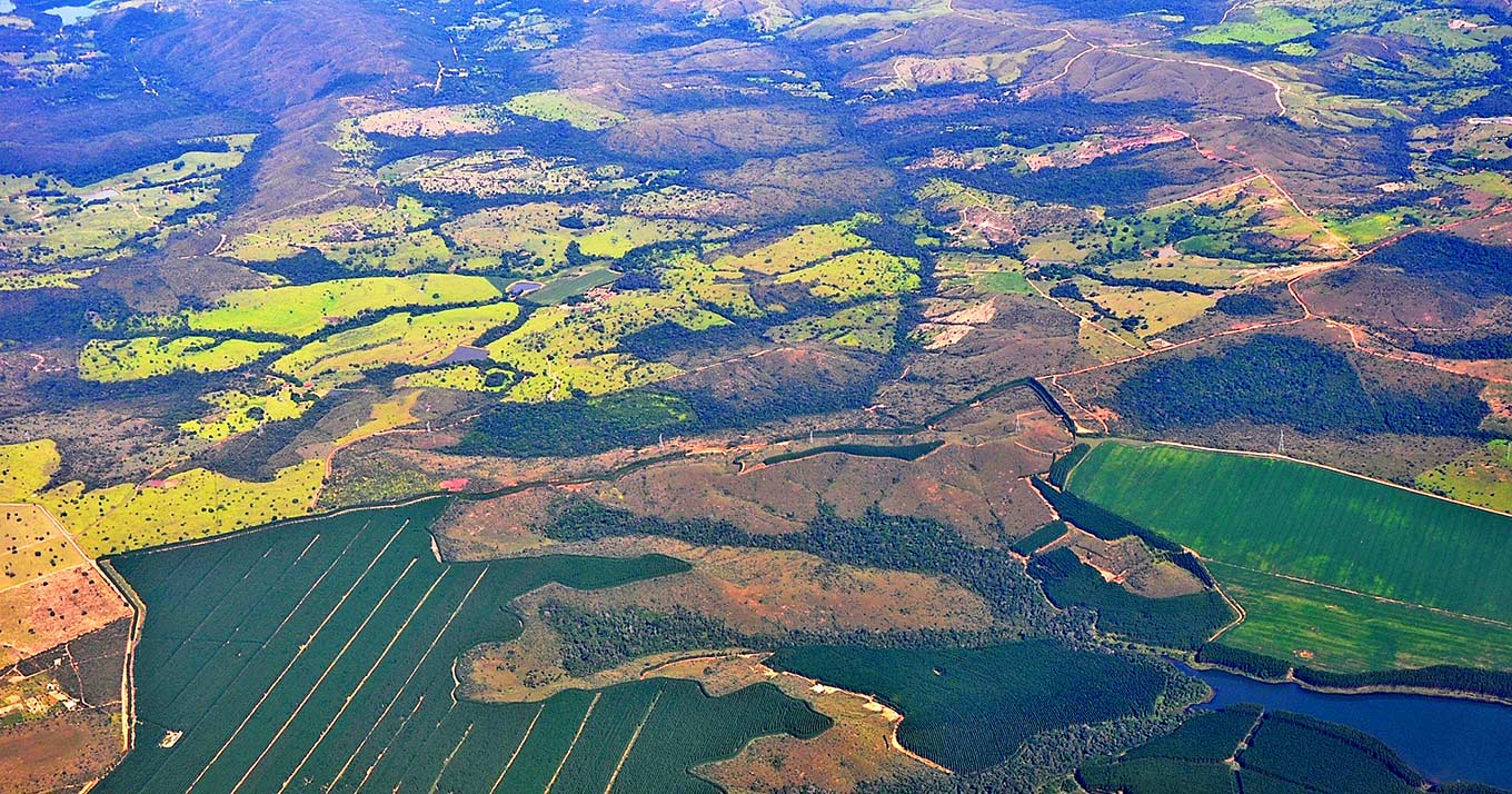Ensaio de Karina Berbert Bruno explora como o uso de imagens espaciais pode contribuir para preservação do cerrado (foto: Embrapa) foto mostra vista aérea de grande área vegetal com diferenças de cores de acordo com o uso do local