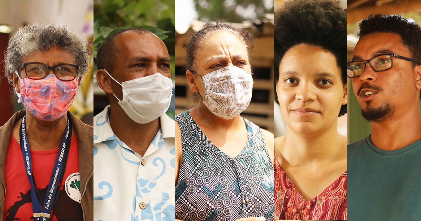 audiodescrição: montagem com fotografias coloridas de rostos de moradores do acampamento marielle vive