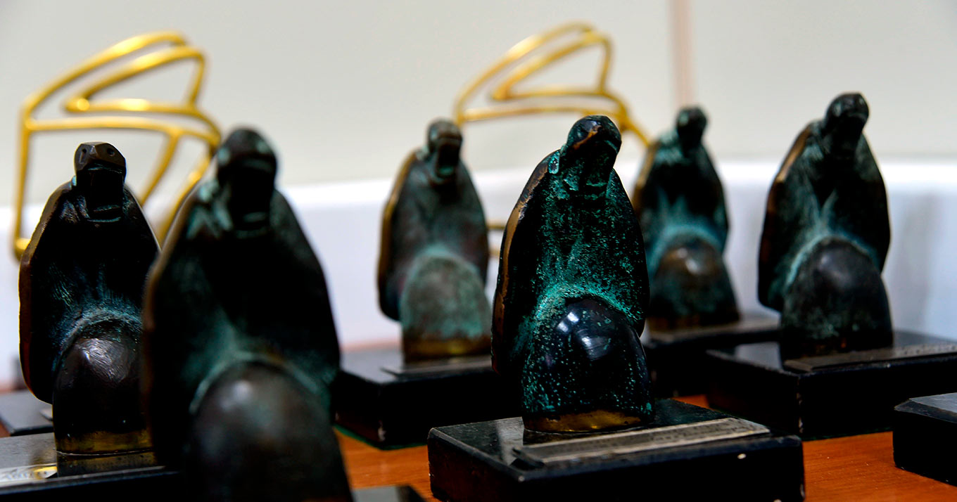 Audiodescrição: Imagem close-up e em perspectiva de várias estatuetas dispostas sobre uma mesa, com imagem de um jabuti em pé, em tons pretos e verdes. Imagem 1 de 1.