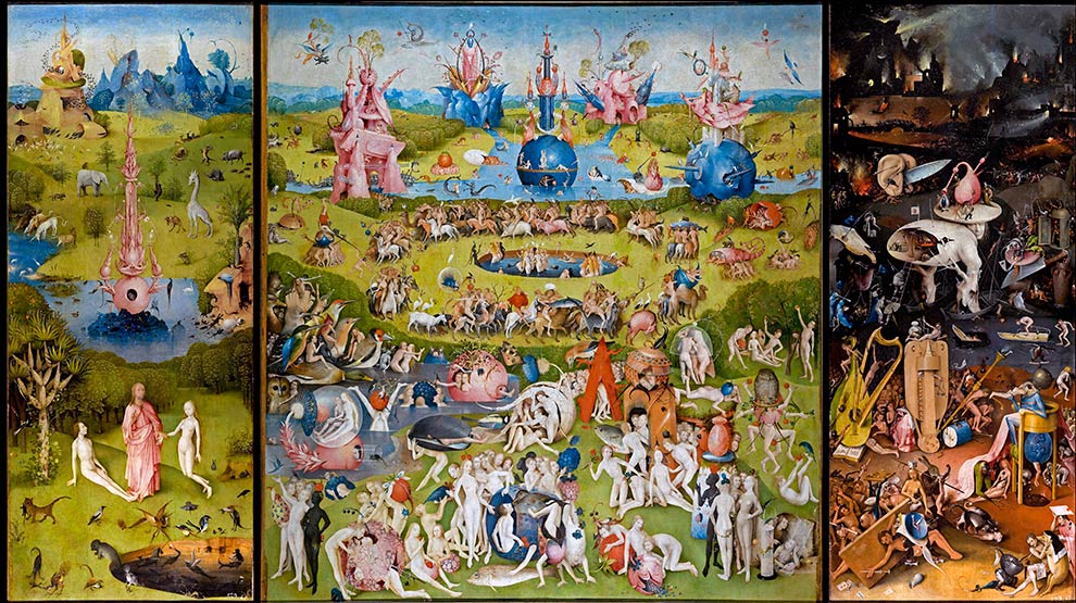 "O Jardim das Delícias Terrenas" é um tríptico de Hieronymus Bosch, que descreve a história do Mundo a partir da criação, apresentando o paraíso terrestre e o Inferno nas asas laterais Pintura com representação do céu e do inferno.