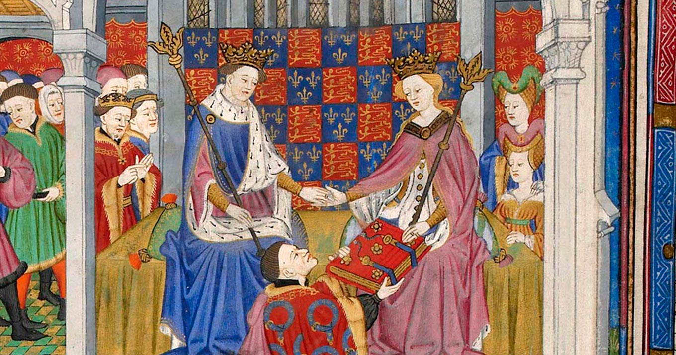 Detalhe da capa de um livro que traz uma pintura que retrata uma cena de um casamento, entre um homem e mulher que usam mantos e coroas