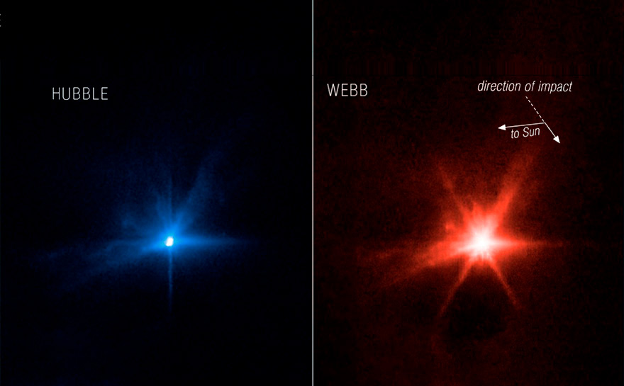 Composição com duas imagens. A imagem à esquerda mostra um ponto luminoso de cor azul em um fundo escuro. A foto à direita mostra um ponto luminoso de cor avermelhada em um fundo escuro.