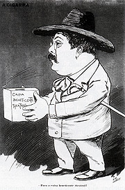 Caricatura mostra Arthur Azevedo segurando a “Caixa Beneficente Teatral”(Foto: AEL/Unicamp)