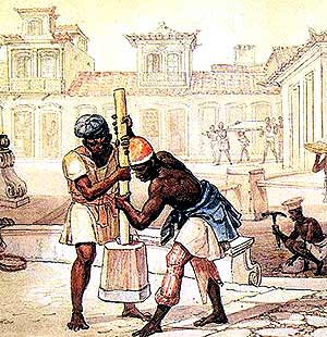Em Calceteiros (1824), de Debret, os escravos em primeiro plano são colocados em relevo, também com o uso de borracha