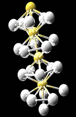 Visão artística de um arranjo linear de átomos de ouro encapsulados por uma camada de átomos de prata (Ilustrações: Fernando Sato)