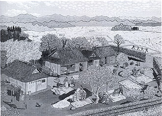 Gravura de Shigeo Nishimura que ilustra o livro História do Japão em Imagens retrata comunidade rural no século XIX: natureza e estações climáticas dão o mote do haicai (Foto: Reprodução)