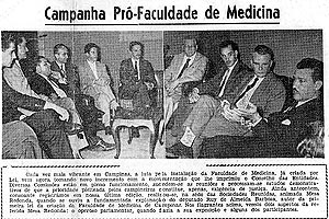Notícia de mesa- redonda em favor da Faculdade de Medicina e logotipo autografado por Carvalho Pinto (Foto: Acervo Arquivo Central (Siarq) Unicamp)
