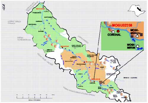 Mapa da Bacia do Mogi-Guaçu com recorte da área de estudo (Cetesb-2000)