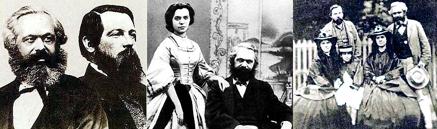 Karl Marx ao lado de Friedrich Engels, seu melhor amigo e parceiro, e com Jenny, sua companheira (Foto: Reprodução)
