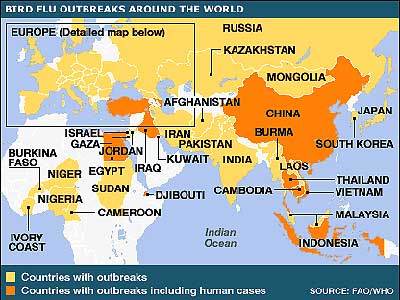 Mapa da FAO mostrando a dispersão do vírus H5N1 pela Ásia e Europa, chegando à África: espécies de aves descem para a Antártica
