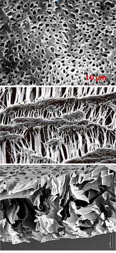 Nas três imagens acima, as irregularidades  das membranas poliméricas em  relação a diâmetro dos poros, superfície e perfil lateral (Imagens: Divulgação)